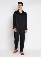 Ultra Soft Black Modal Satin Long Sleeve Men's Night Suit - Shopbloom
