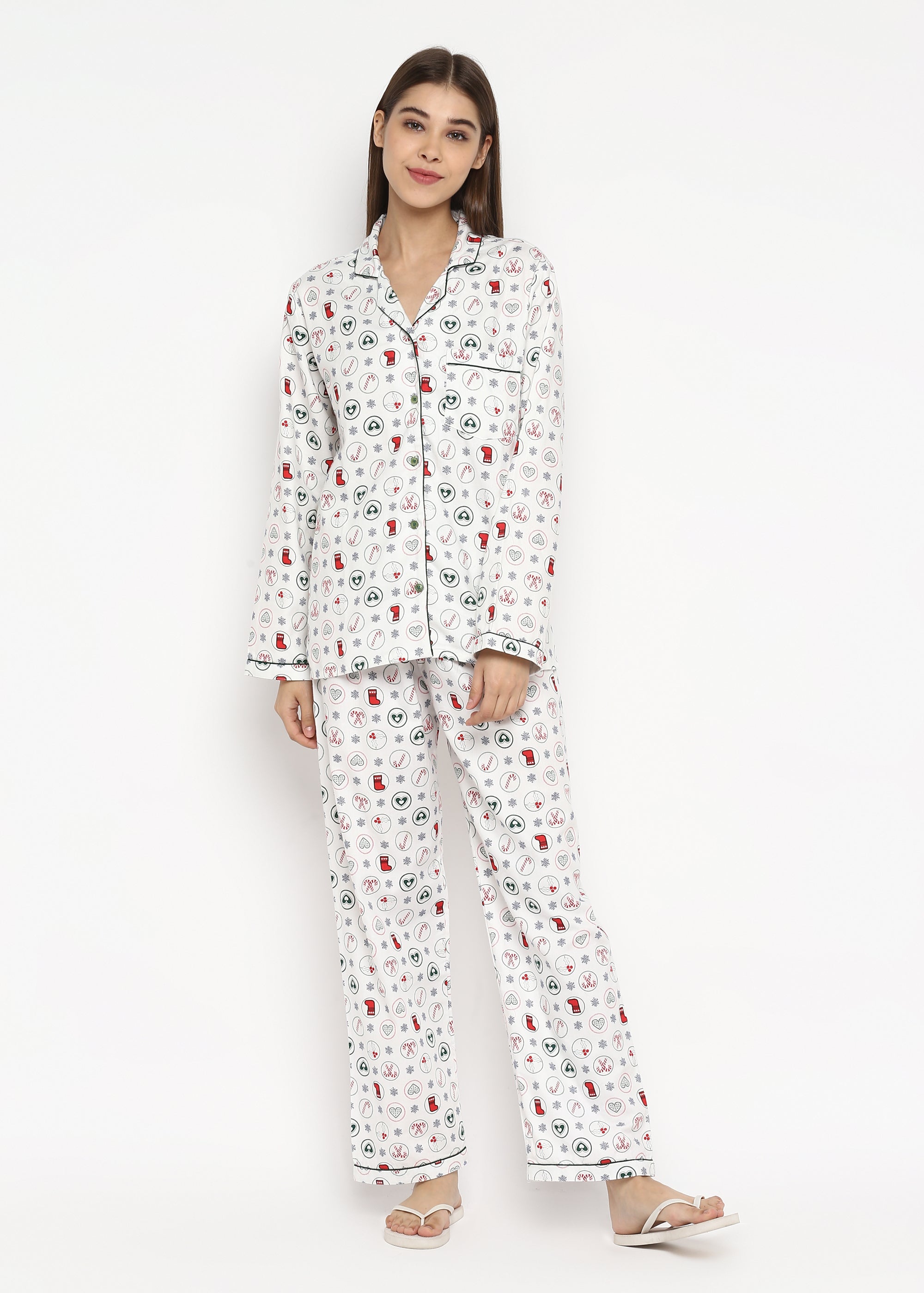 Christmas Spirit Print Cotton Flannel Long Sleeve Women's Night Suit - Shopbloom