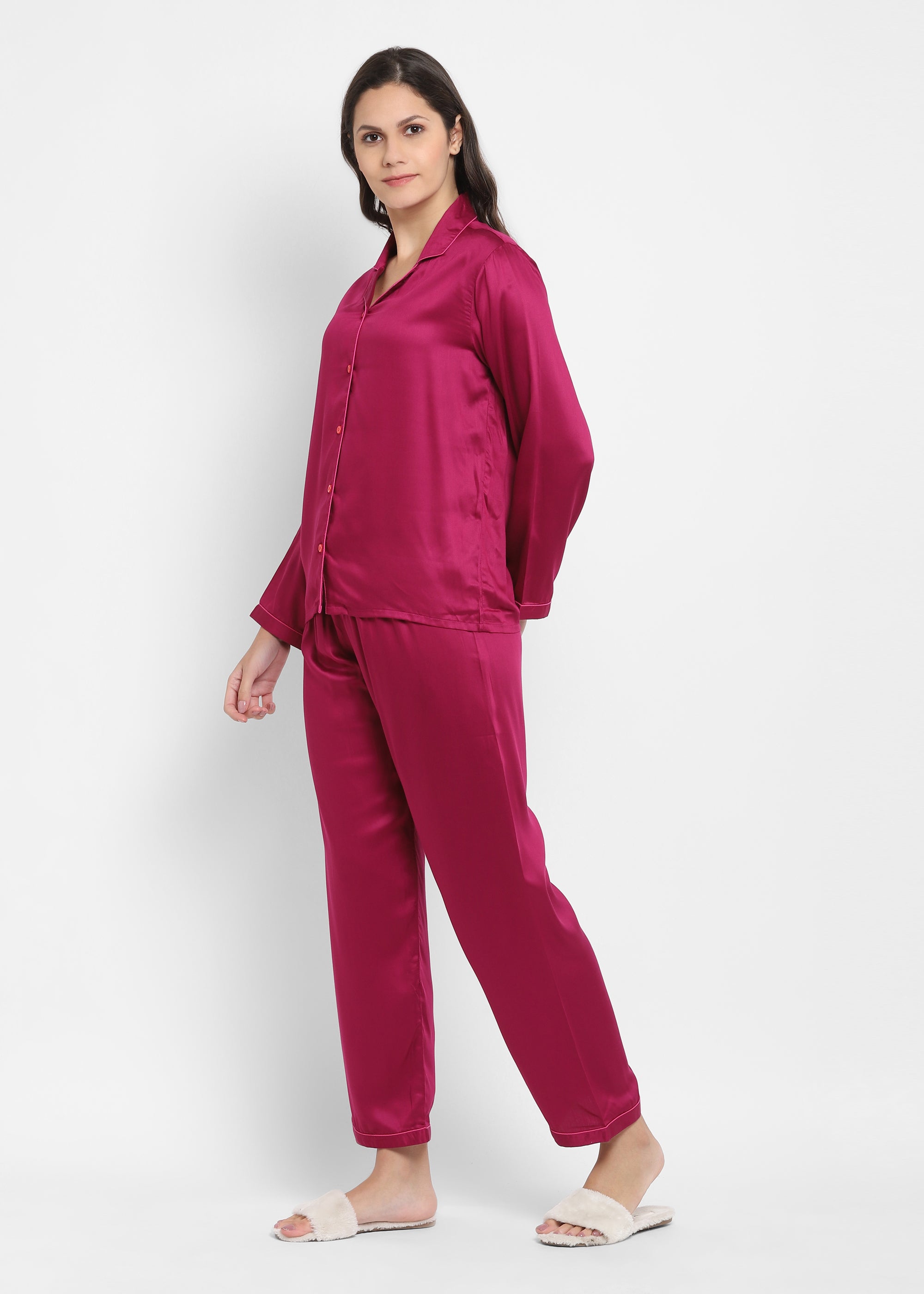 Ultra Soft Magenta Modal Satin Long Sleeve Women's Night Suit - Shopbloom