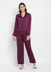 Ultra Soft Purple Modal Satin Long Sleeve Women's Night Suit - Shopbloom