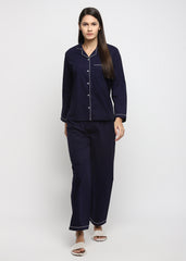 Navy Cotton with White Piping Women's Night Suit - Shopbloom