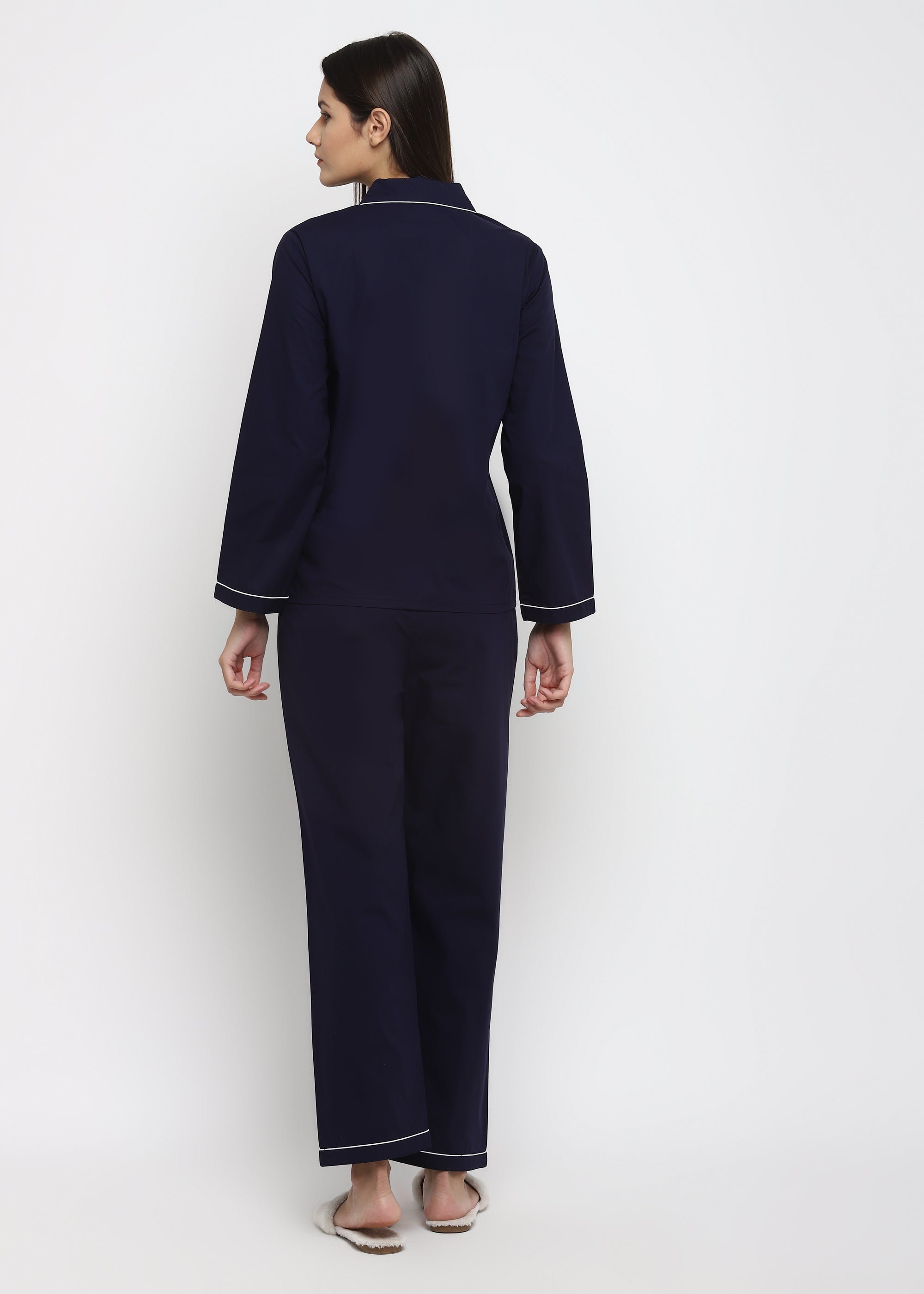 Navy Cotton with White Piping Women's Night Suit - Shopbloom
