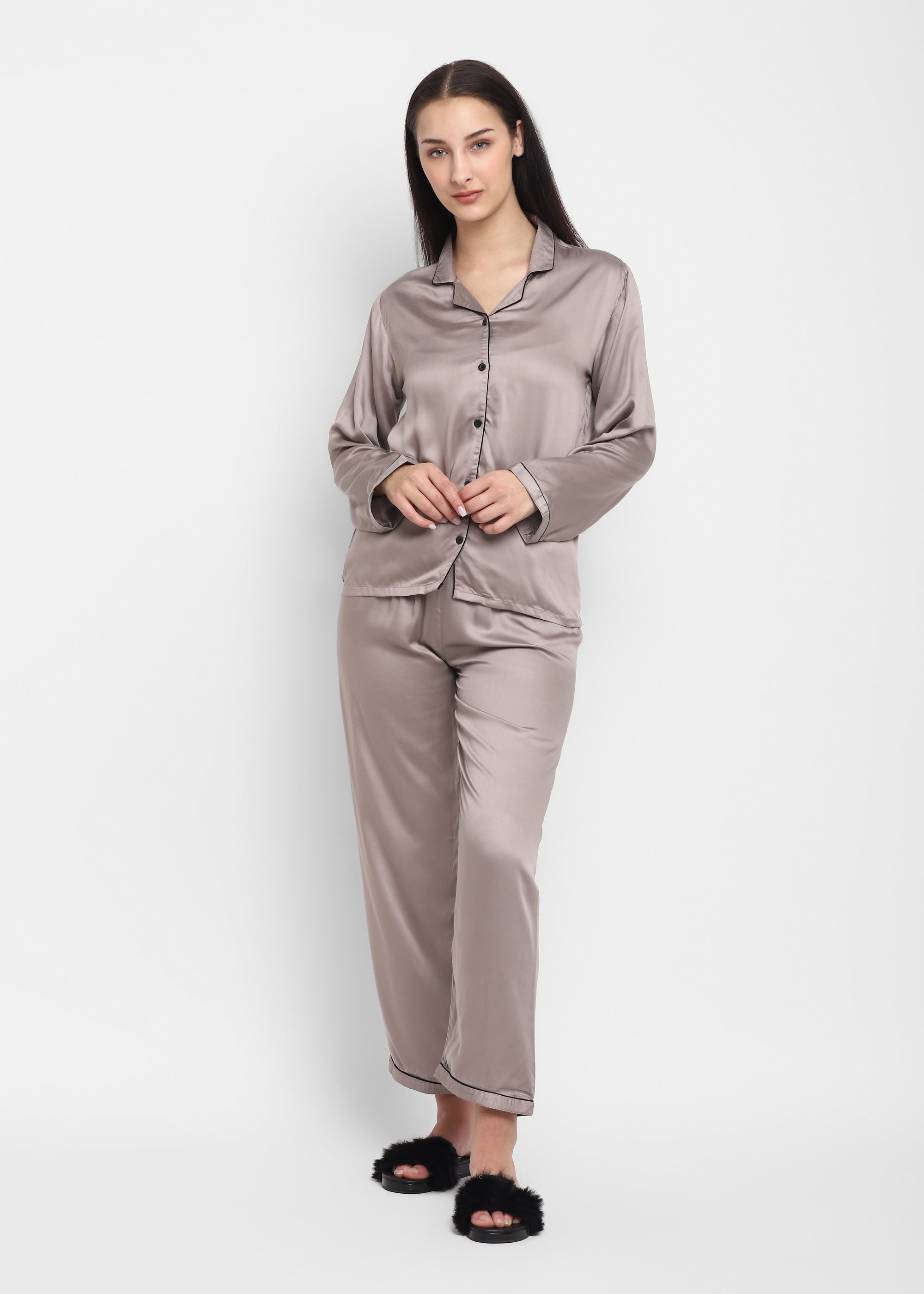 Ultra Soft Light Grey Modal Satin Long Sleeve Women's Night Suit - Shopbloom