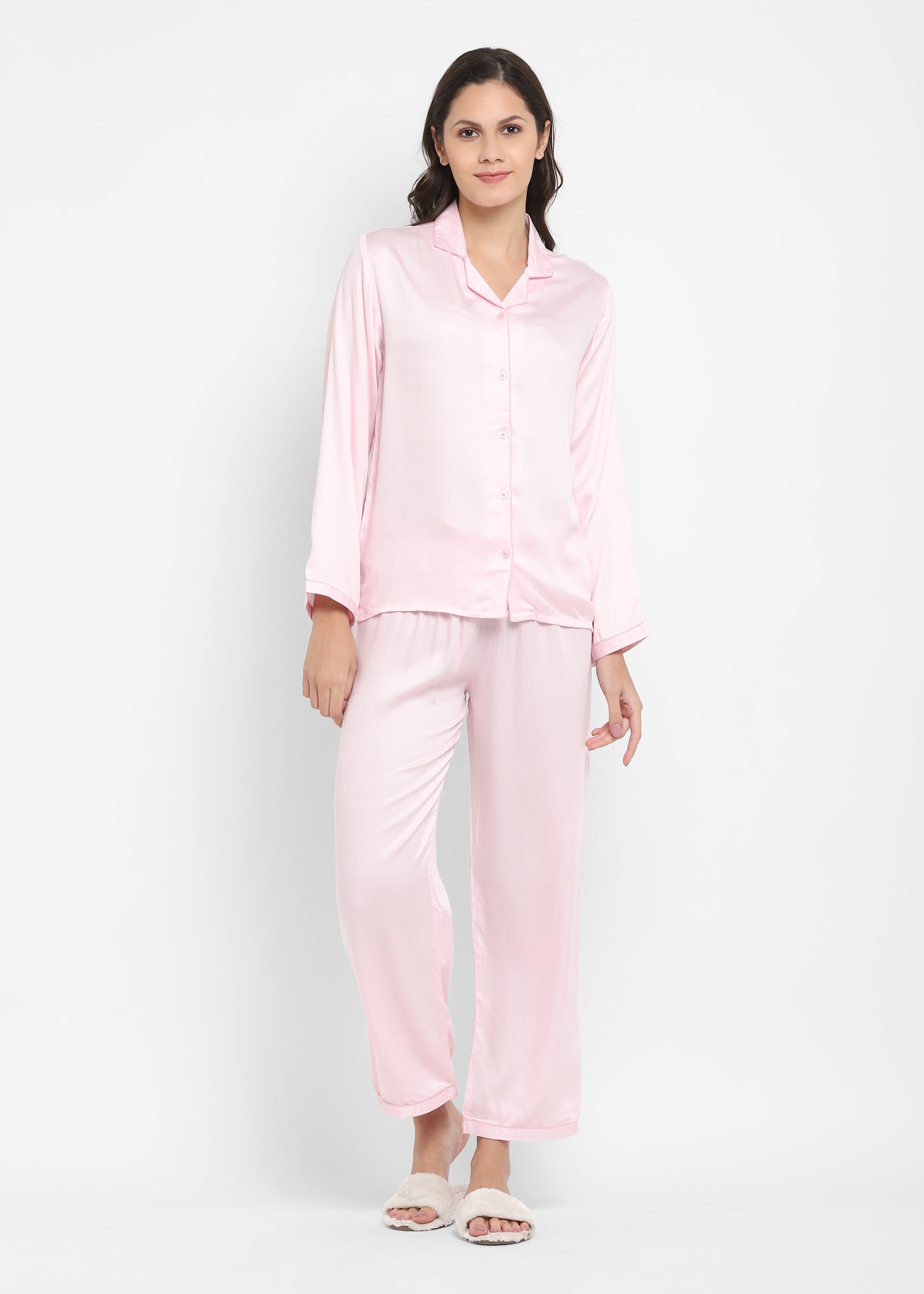 Ultra Soft Baby Pink Modal Satin Long Sleeve Women's Night Suit - Shopbloom