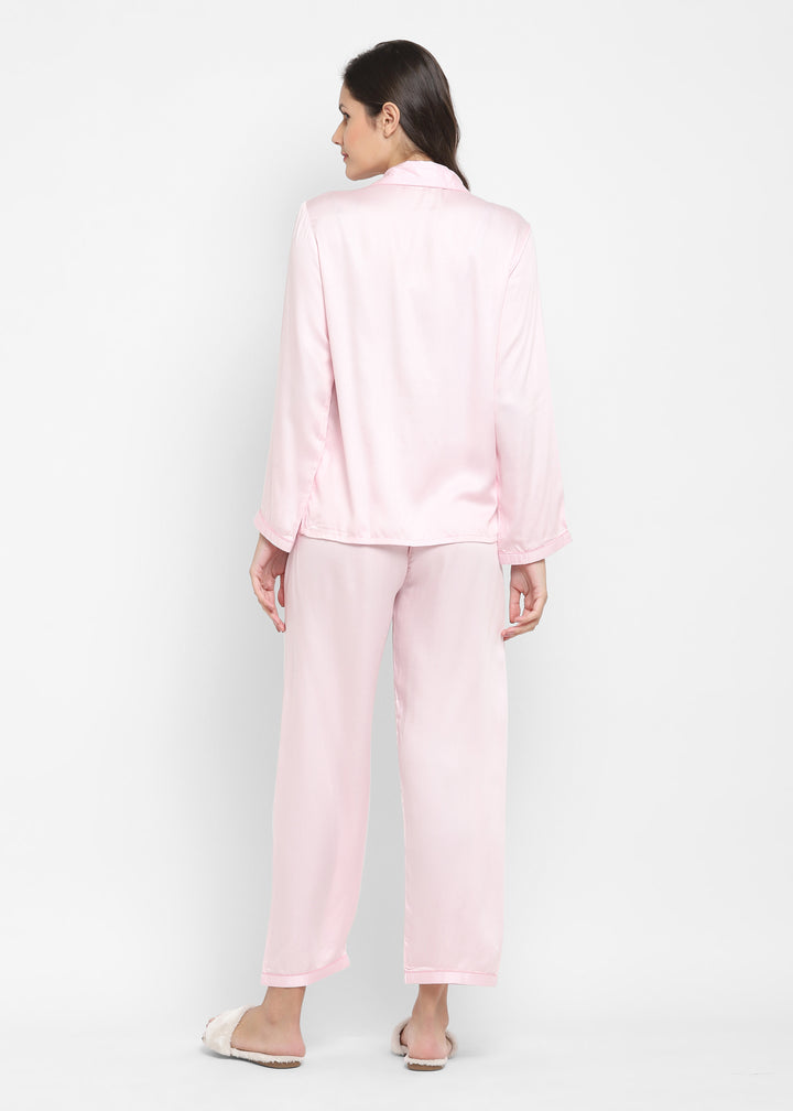 Ultra Soft Baby Pink Modal Satin Long Sleeve Women's Night Suit - Shopbloom