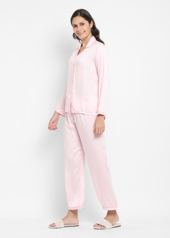 Ultra Soft Baby Pink Modal Satin Long Sleeve Women's Night Suit - Shopbloom