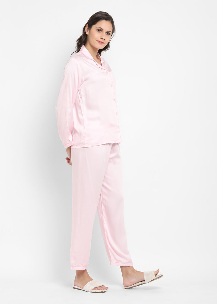 Ultra Soft Baby Pink Modal Satin Long Sleeve Women's Night Suit - Shopbloom