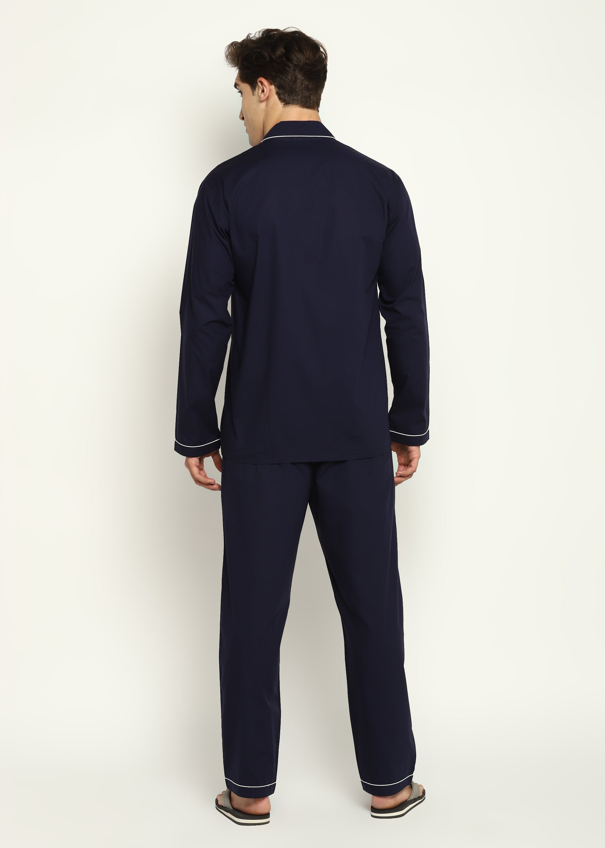 Navy Cotton with White Piping Men's Night Suit - Shopbloom