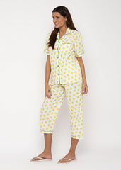 Lemon and Leaf Print Short Sleeve Women's Night Suit - Shopbloom