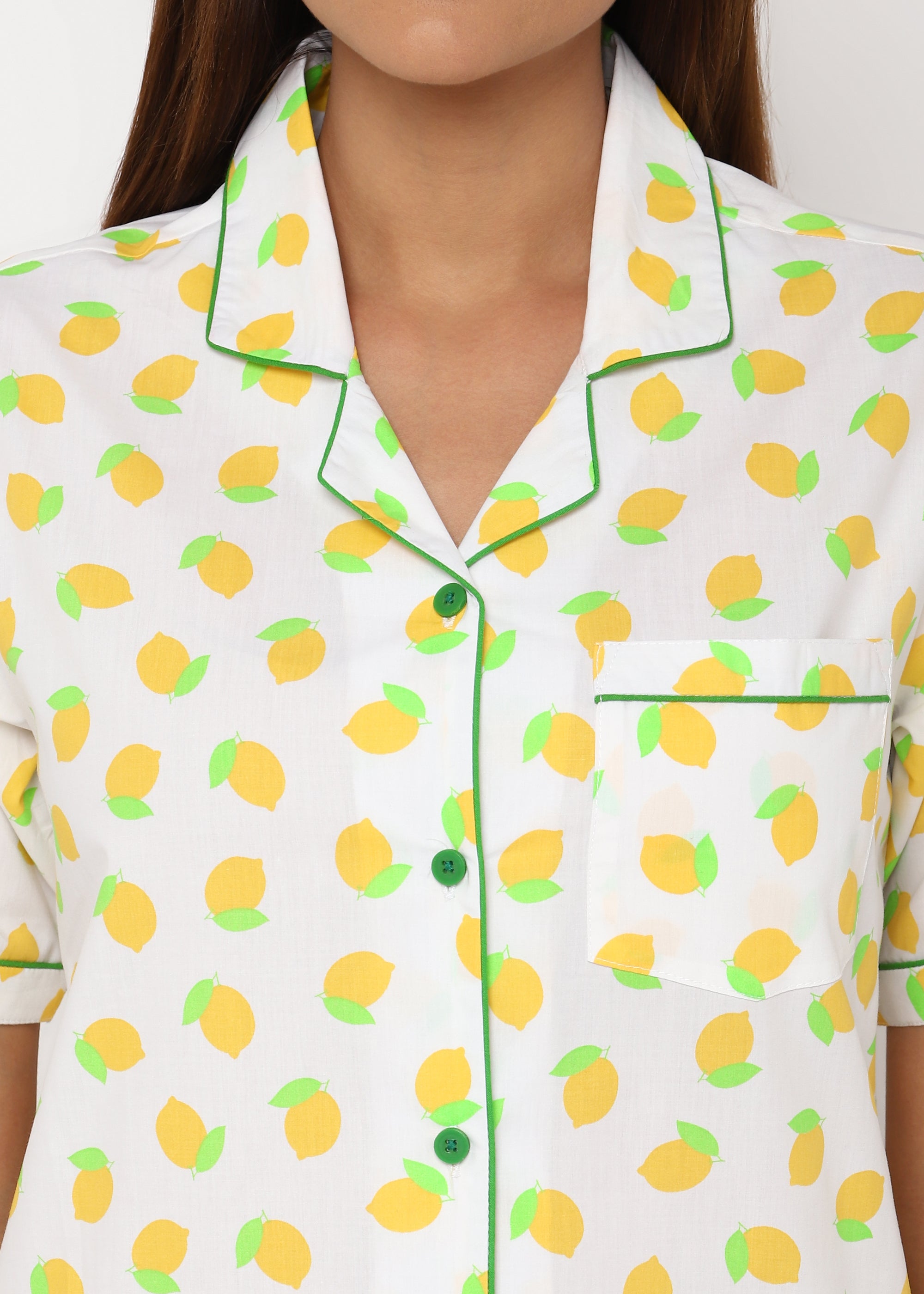 Lemon and Leaf Print Short Sleeve Women's Night Suit - Shopbloom