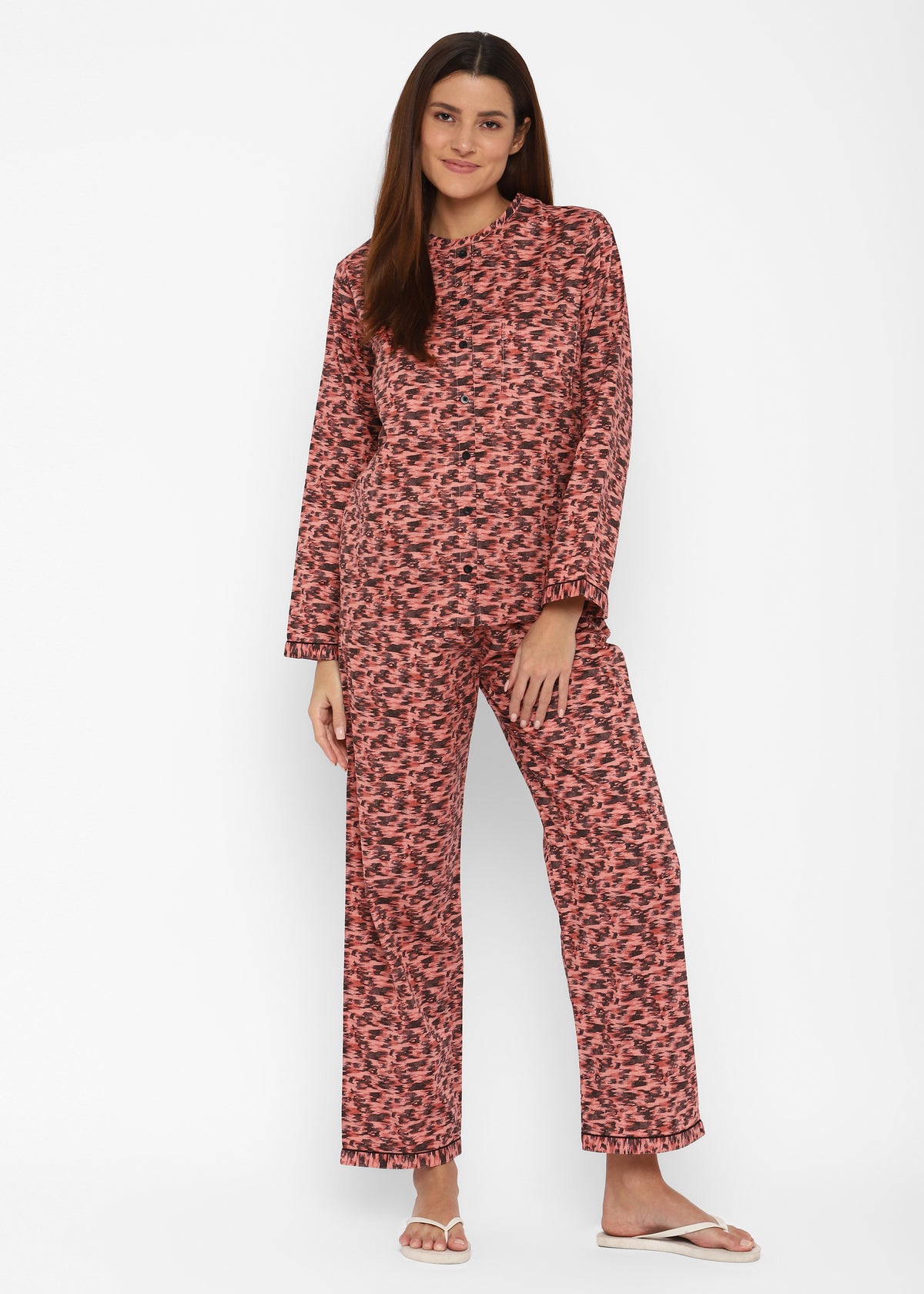 Pink Ikat Print Long Sleeve Women's Night Suit - Shopbloom