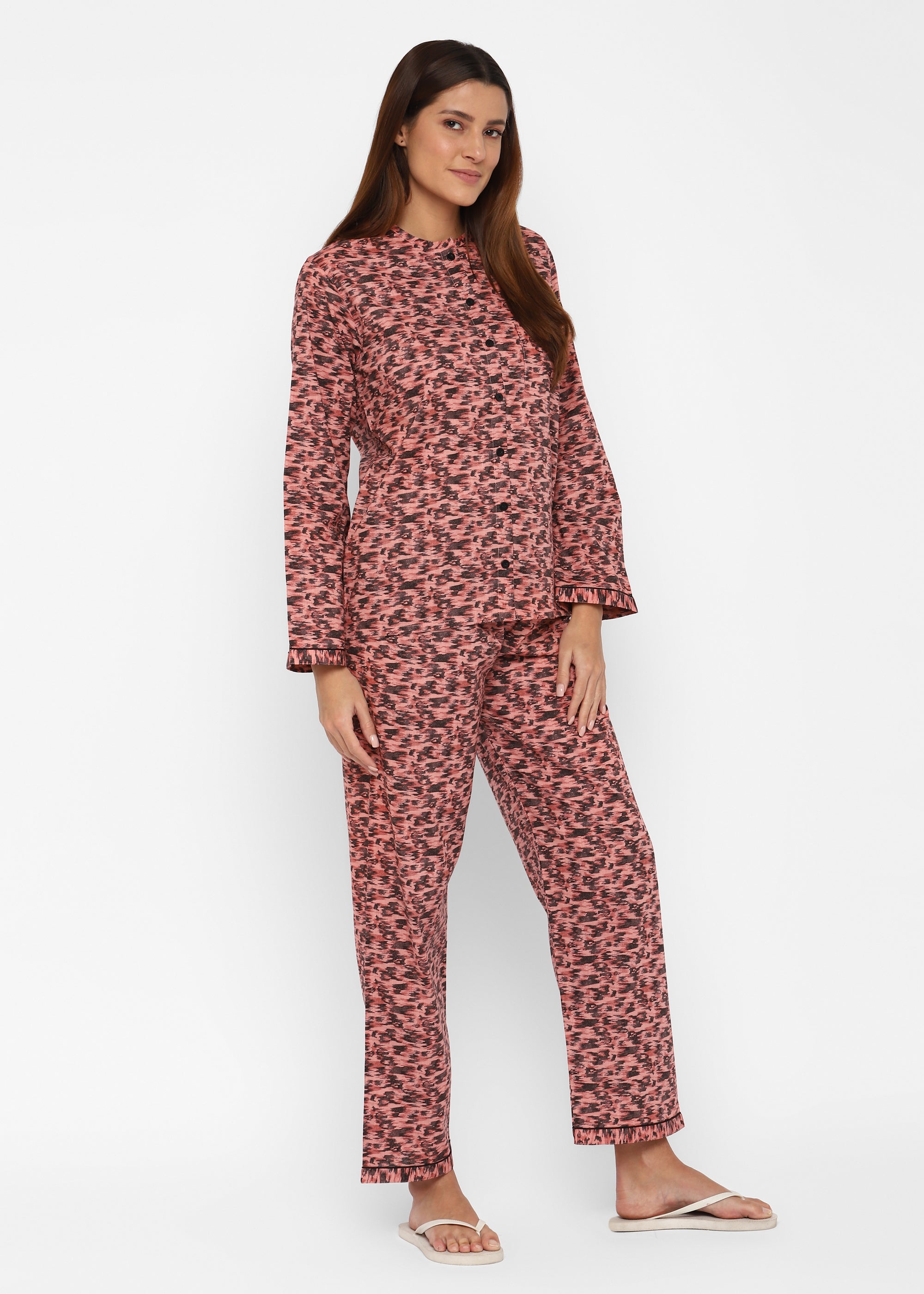 Pink Ikat Print Long Sleeve Women's Night Suit - Shopbloom