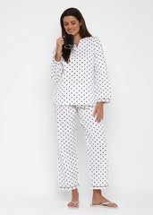 Black Polka Dot V Neck Long Sleeve Women's Night Suit - Shopbloom