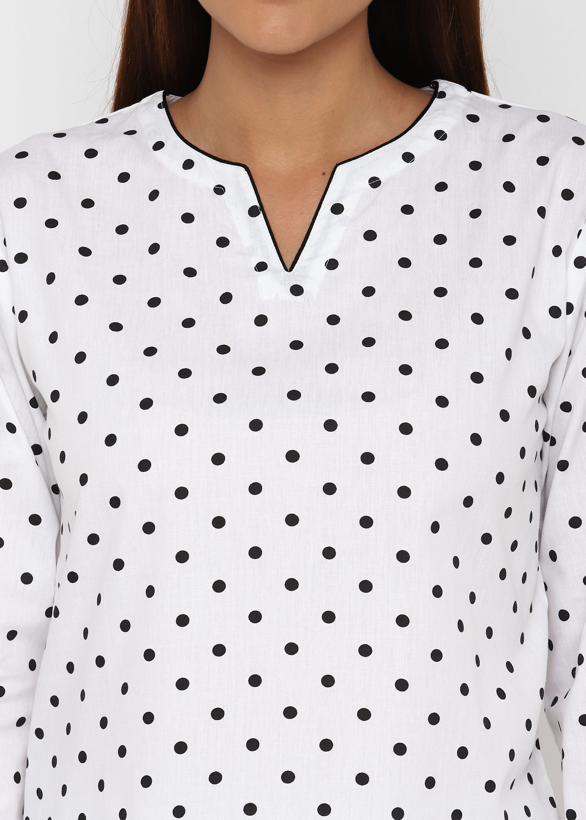 Black Polka Dot V Neck Long Sleeve Women's Night Suit - Shopbloom