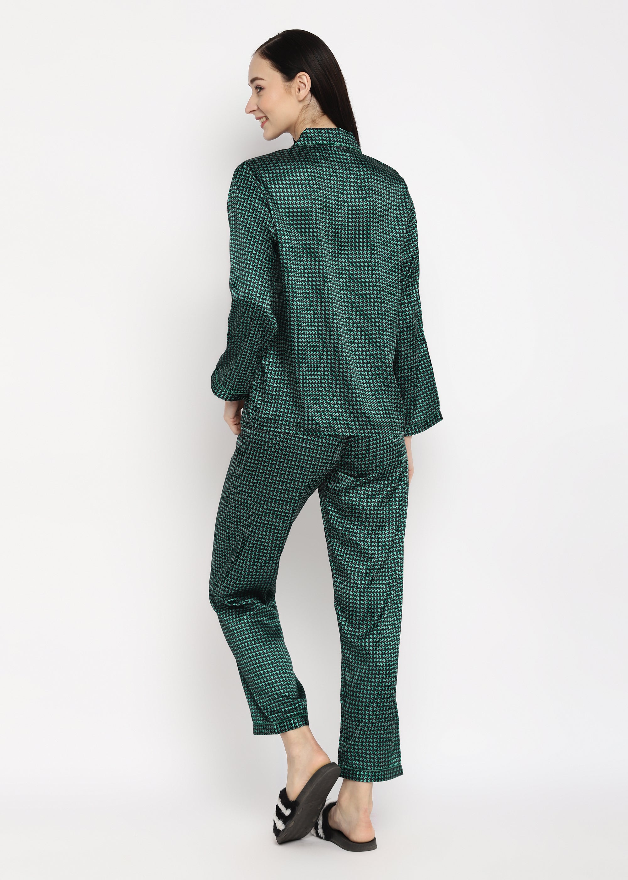 Green Checkered Satin Long Sleeve Women's Night Suit - Shopbloom