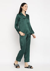 Green Checkered Satin Long Sleeve Women's Night Suit - Shopbloom