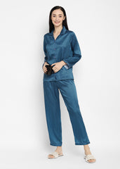 Blue Checkered Satin Long Sleeve Women's Night Suit - Shopbloom