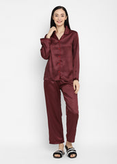 Maroon Checkered Satin Long Sleeve Women's Night Suit - Shopbloom