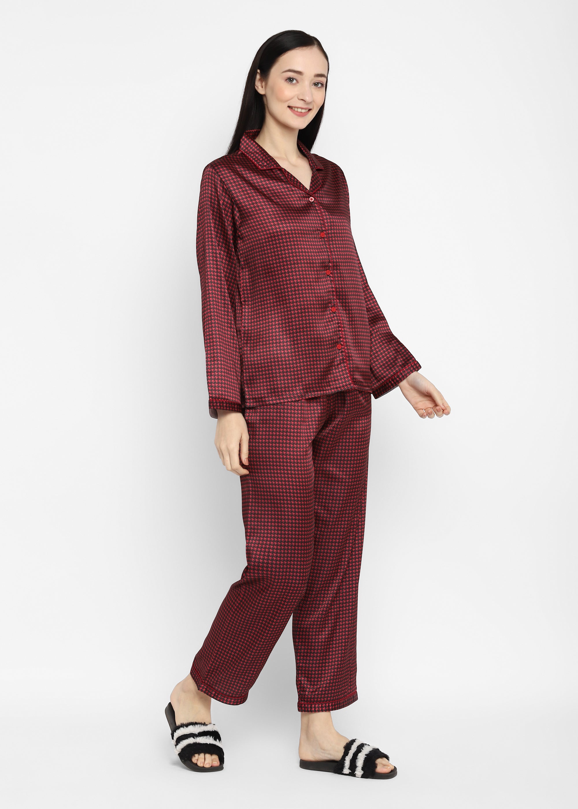 Maroon Checkered Satin Long Sleeve Women's Night Suit - Shopbloom