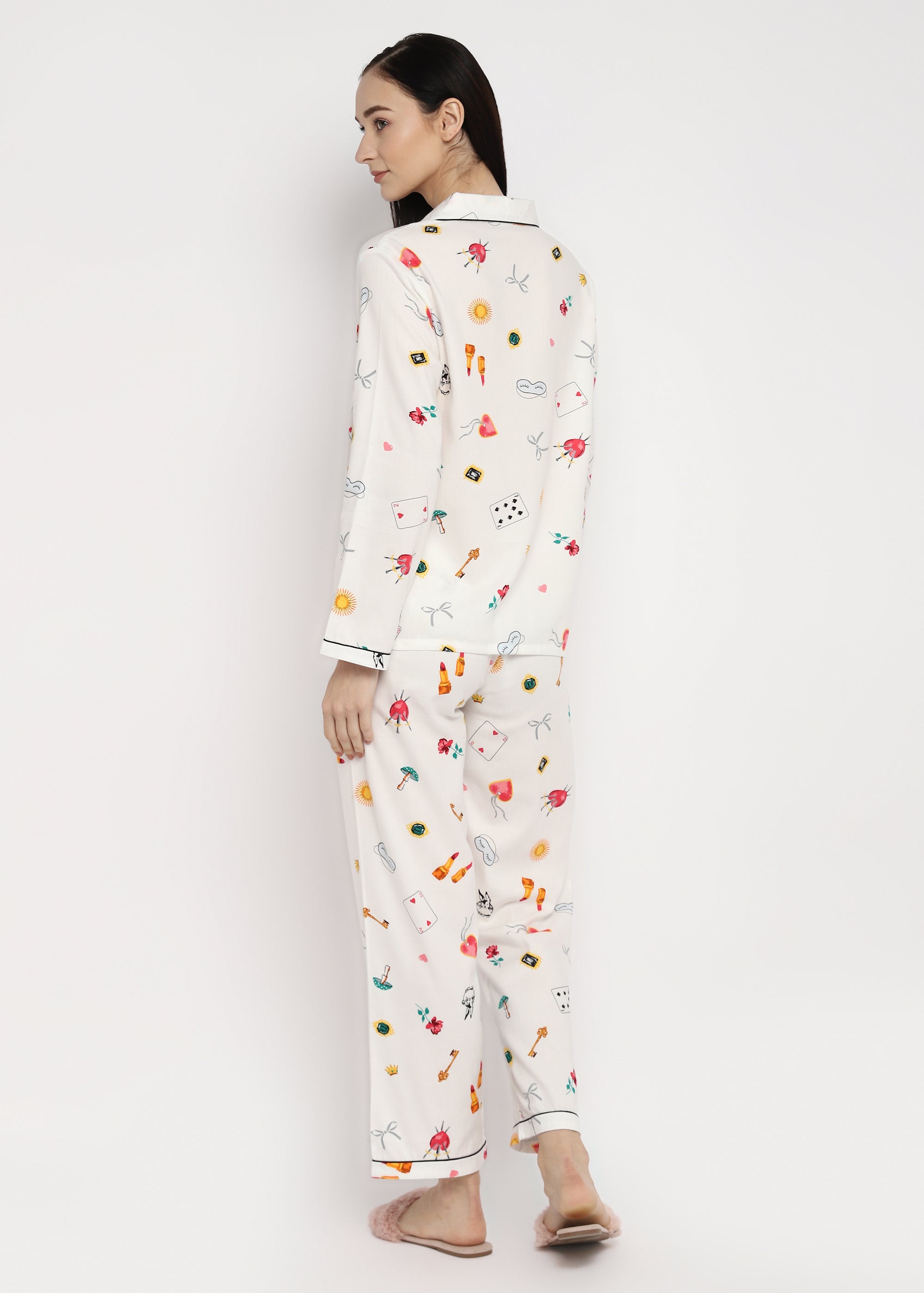 Cards and Mushroom Print Long Sleeve Women's Night Suit - Shopbloom