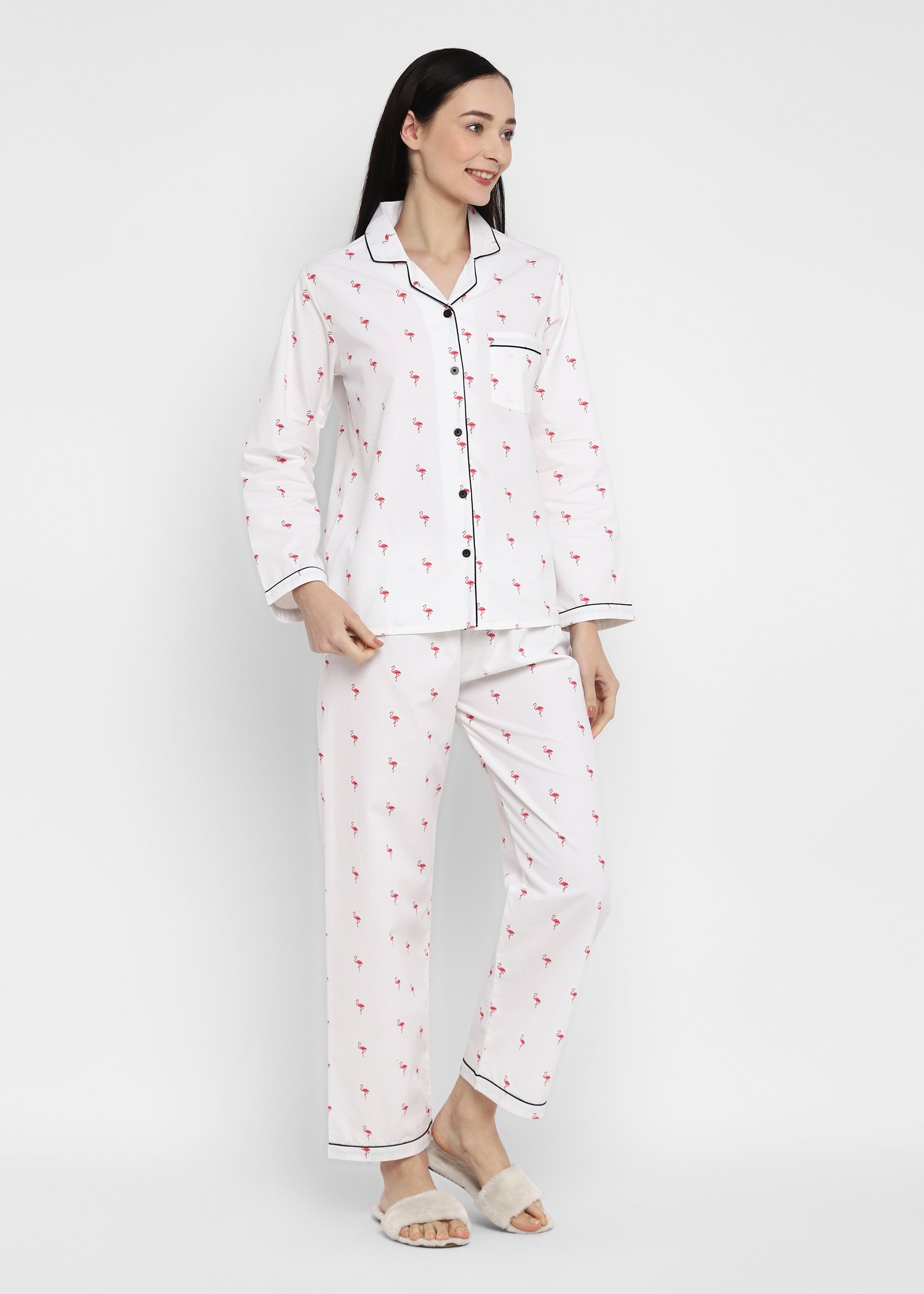 Tiny Flamingo Print Long Sleeve Women's Night Suit - Shopbloom