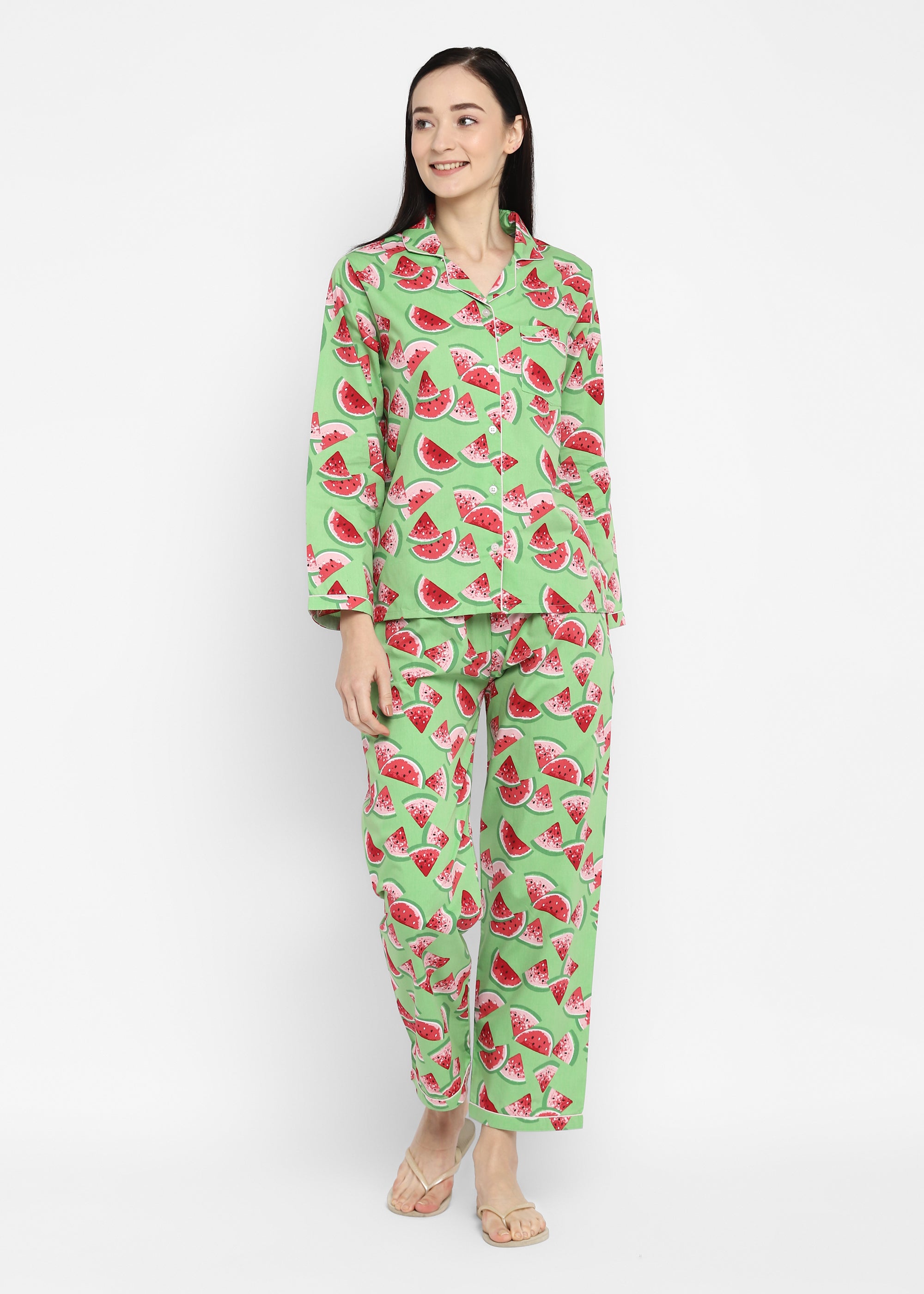 Red Watermelon Print  Long Sleeve Women's Night Suit - Shopbloom