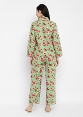 Red Watermelon Print  Long Sleeve Women's Night Suit - Shopbloom