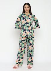 Tropical Flower Print Long Sleeve Women's V Neck Night Suit - Shopbloom