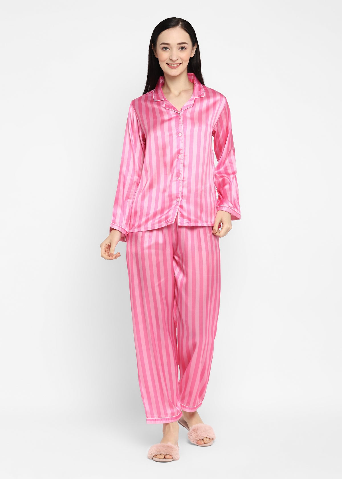 Pink Stripes Print  Long Sleeve Women's Night Suit - Shopbloom