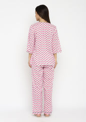 Pink Flower Print  Women's V-Neck Night Suit - Shopbloom