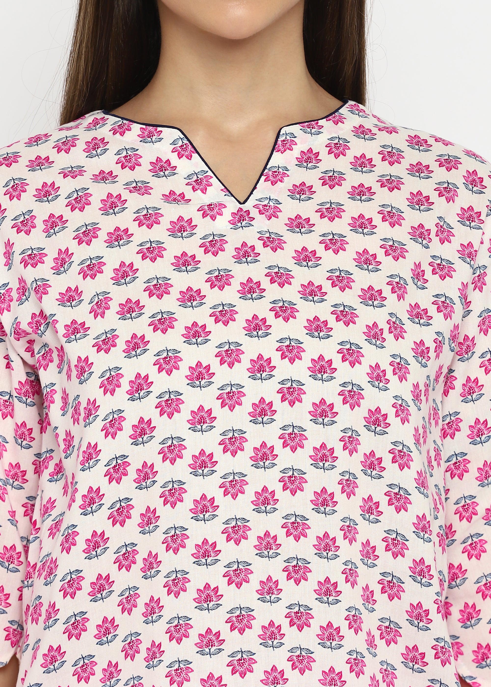 Pink Flower Print  Women's V-Neck Night Suit - Shopbloom
