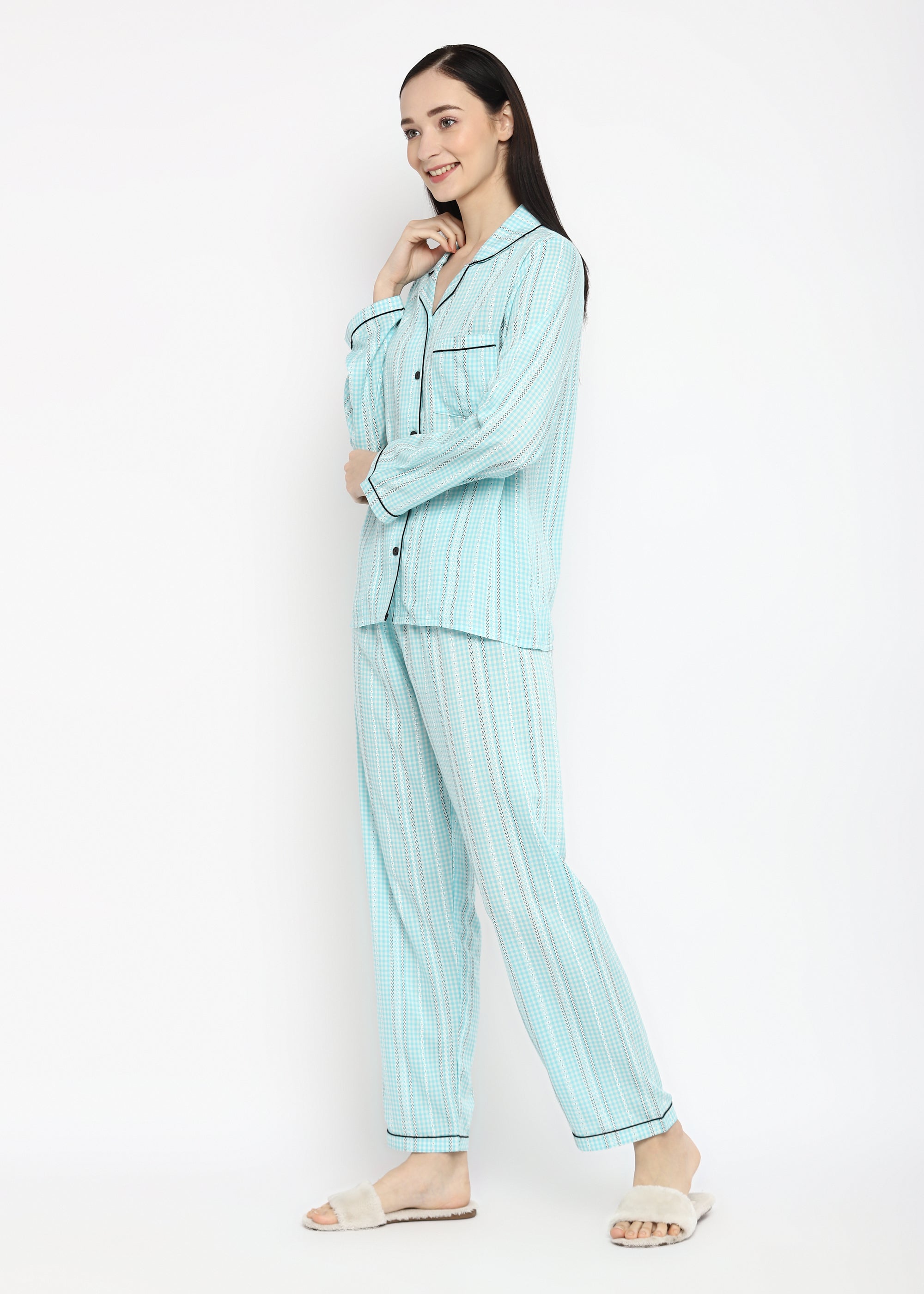 Tiny Check Print Rayon Long Sleeve Women's Night Suit - Shopbloom
