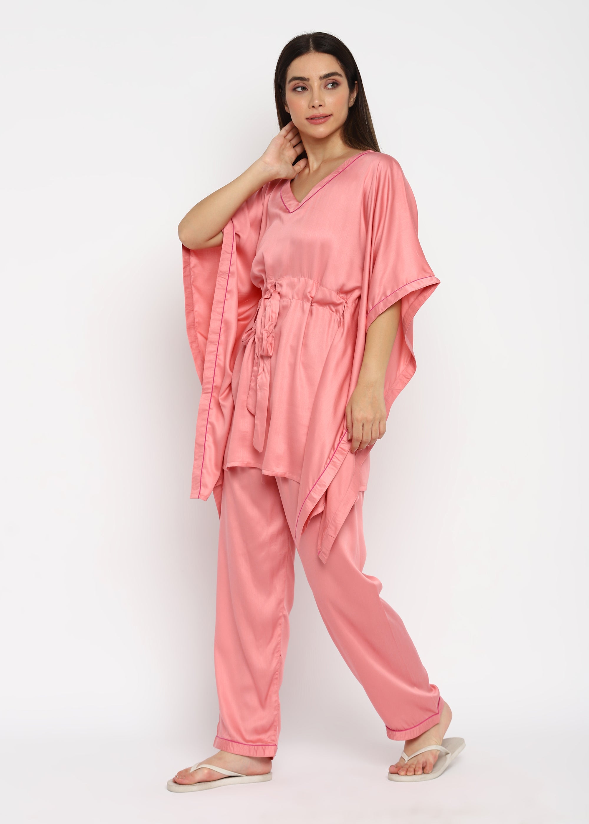 Ultra Soft Dusty Pink modal satin kaftan night Suit - Shopbloom