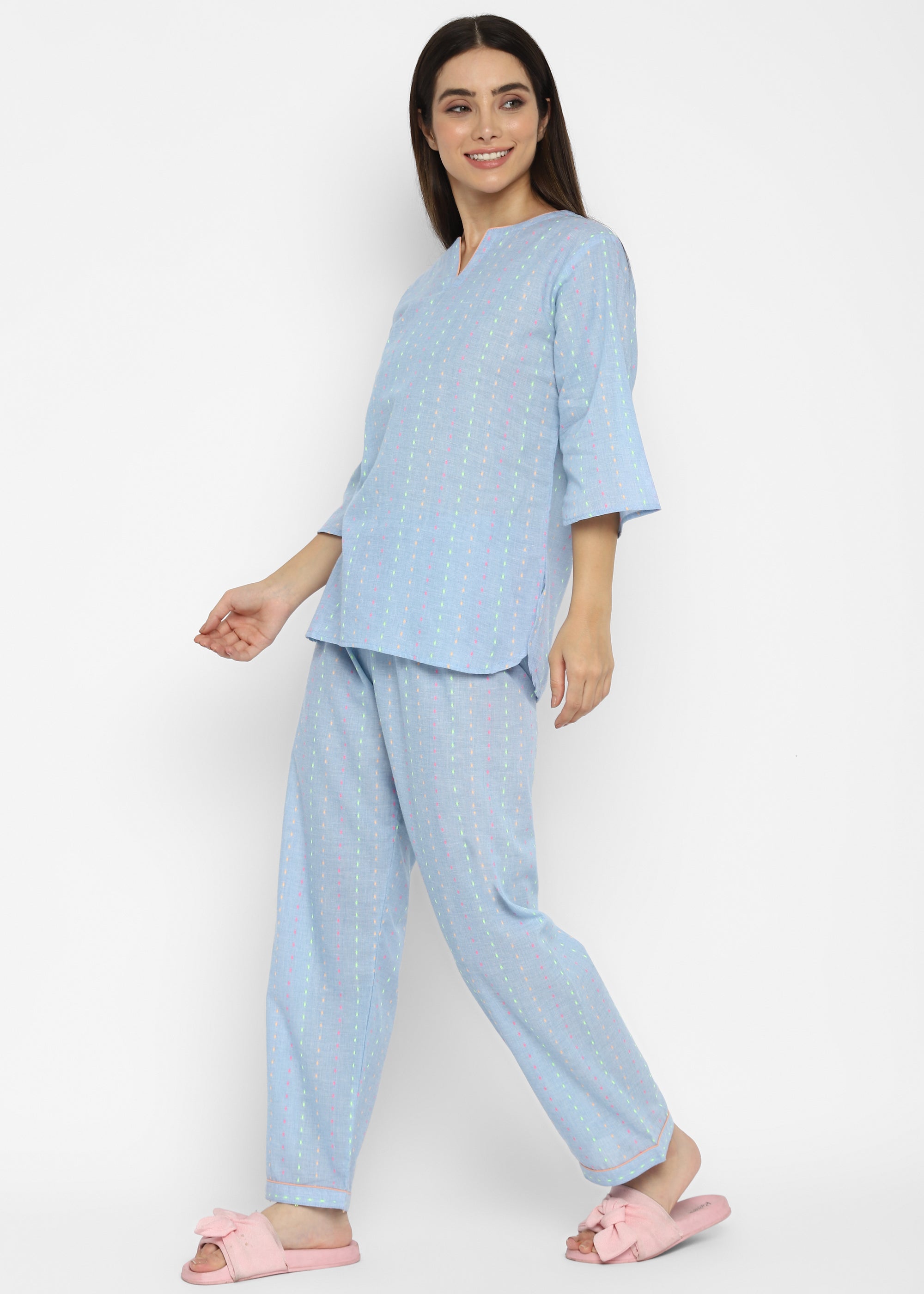 Neon Dash Print Long Sleeve  V-Neck Women's Night Suit - Shopbloom
