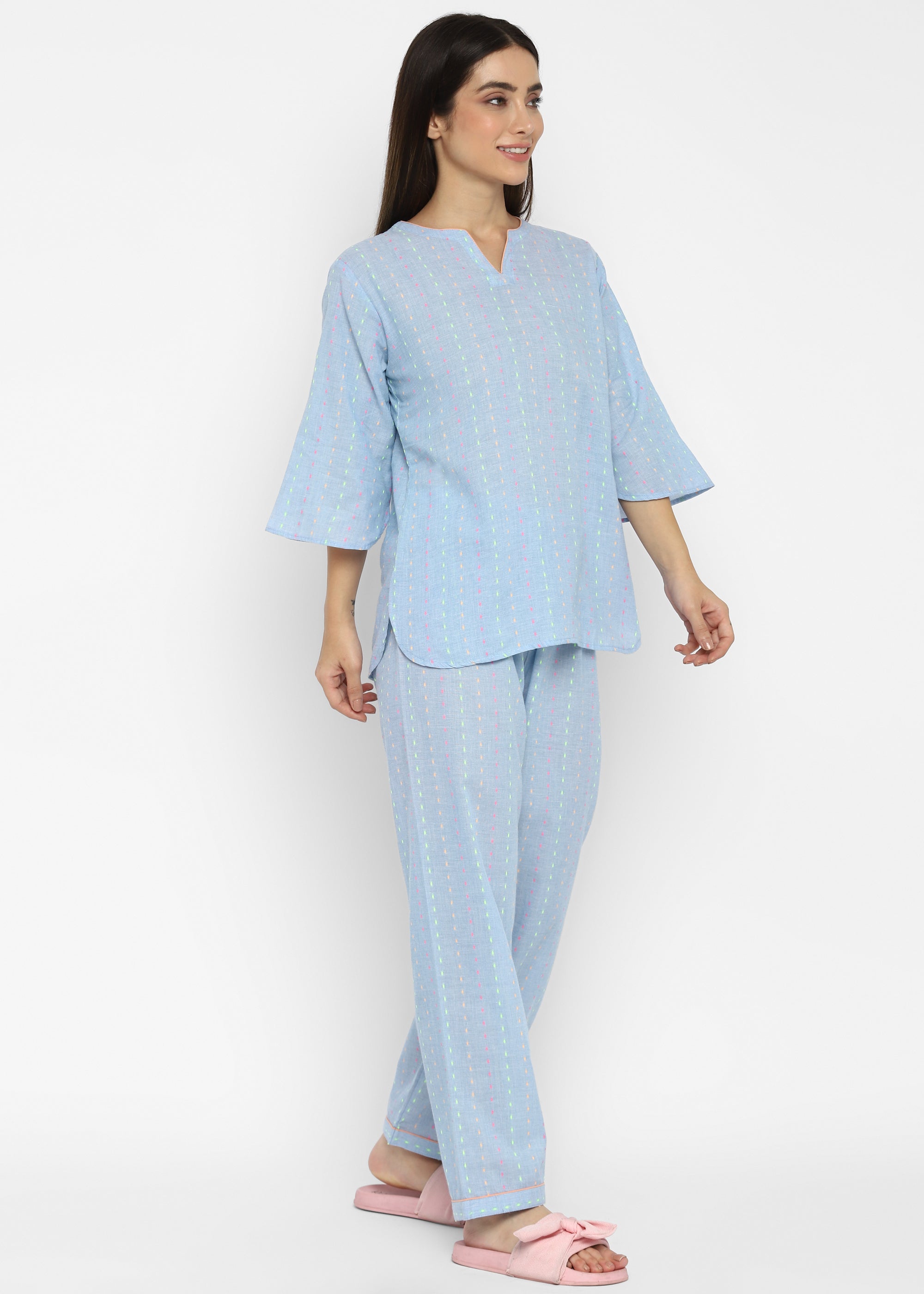 Neon Dash Print Long Sleeve  V-Neck Women's Night Suit - Shopbloom