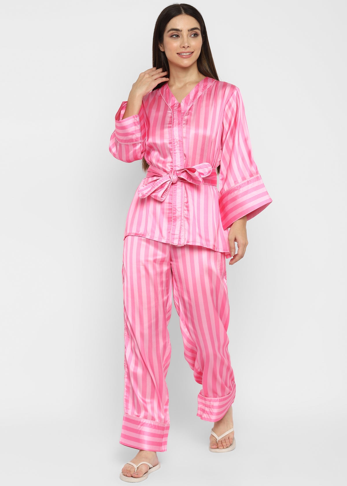 Dark Pink Stripe Satin Print Long Sleeve Women's Night Suit - Shopbloom