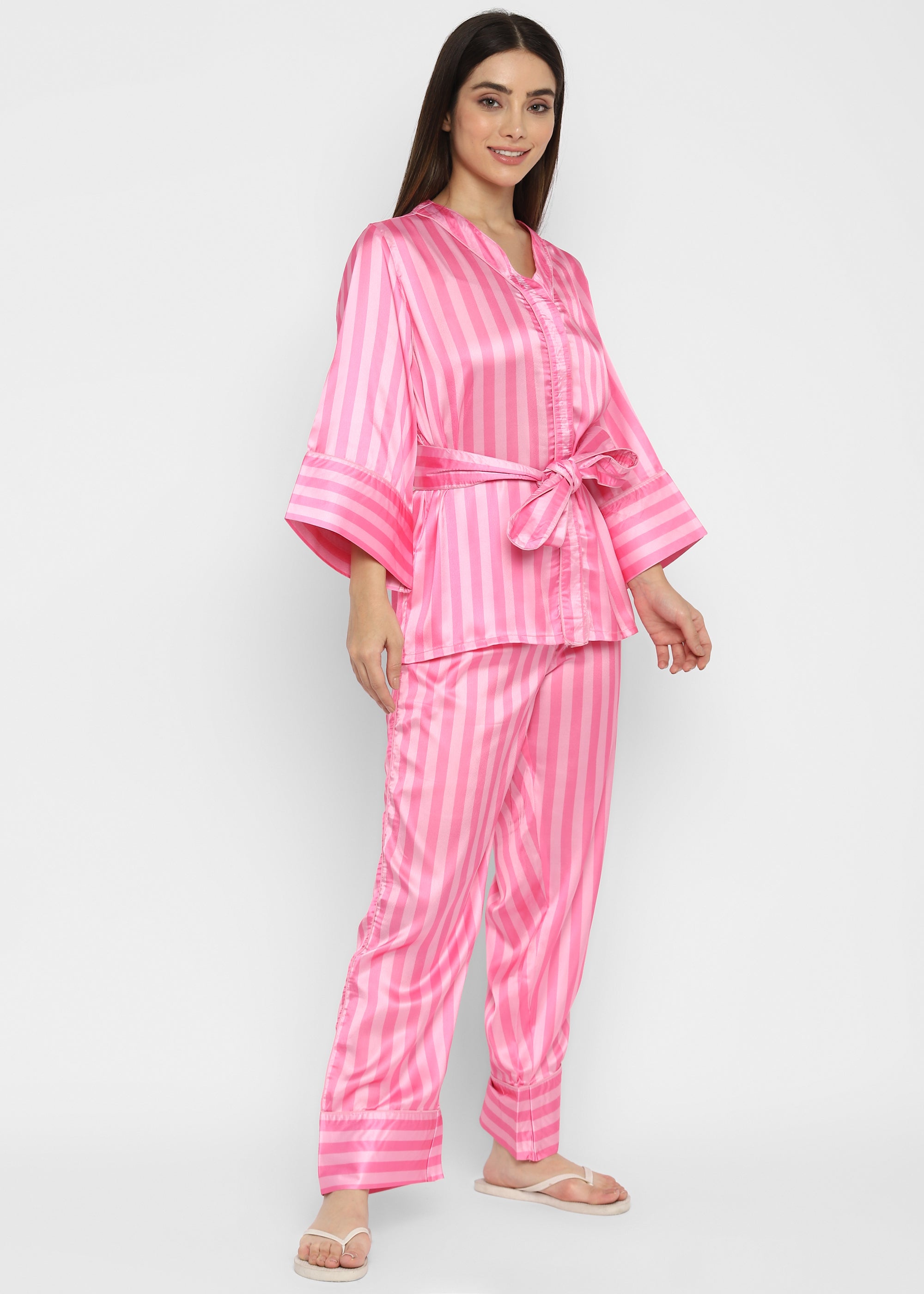 Dark Pink Stripe Satin Print Long Sleeve Women's Night Suit - Shopbloom