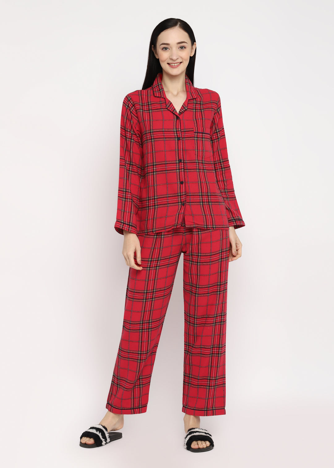 Red & Black Checked Print  Cotton Flannel Long Sleeve Women's Night Suit - Shopbloom