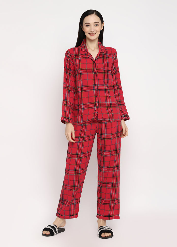 Red & Black Checked Print  Cotton Flannel Long Sleeve Women's Night Suit - Shopbloom