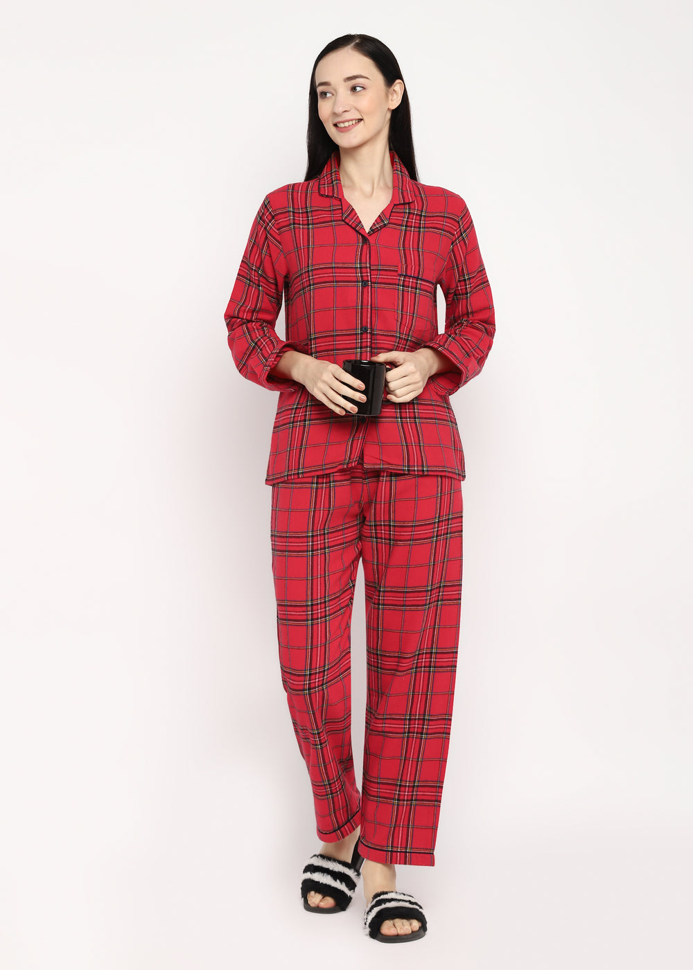 Red & Black Checked Print  Cotton Flannel Long Sleeve Women's Night Suit - Shopbloom