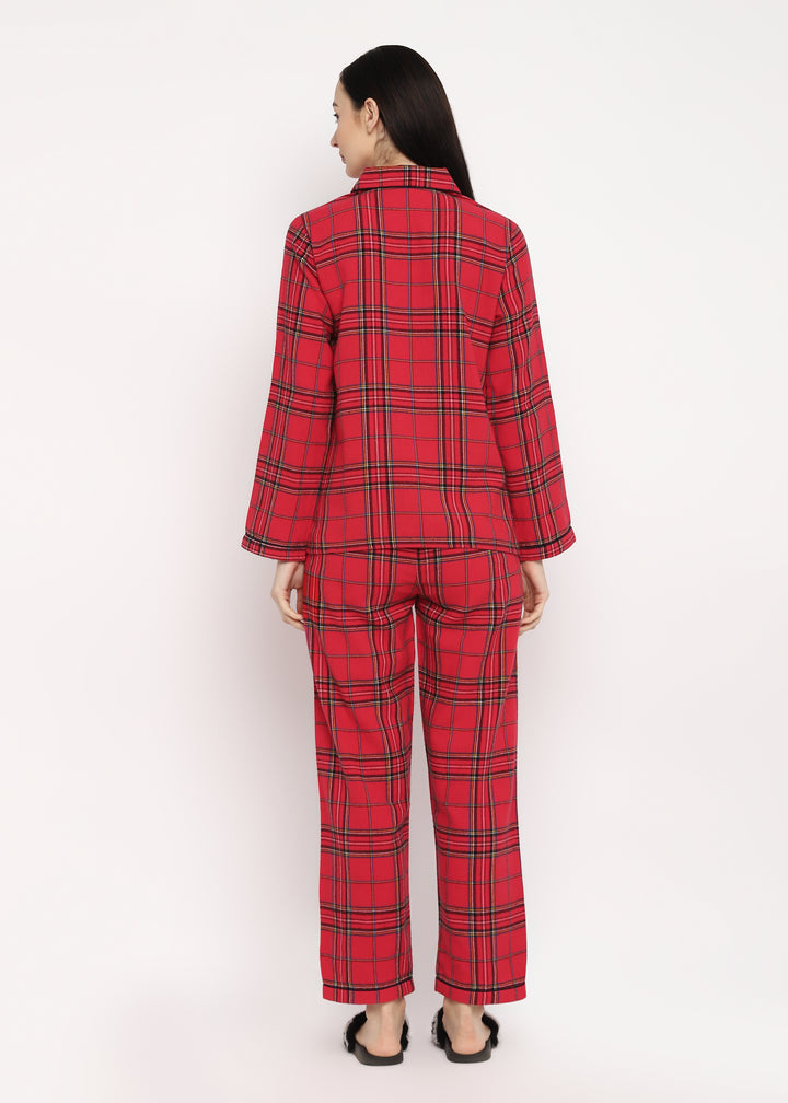 Red & Black Checked Print  Cotton Flannel Long Sleeve Women's Night Suit - Shopbloom