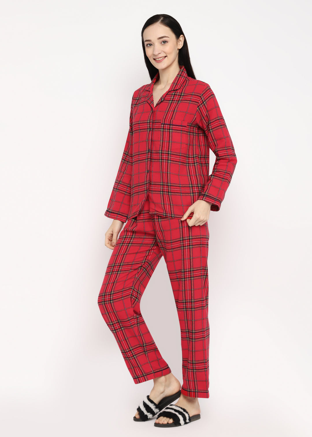 Red & Black Checked Print  Cotton Flannel Long Sleeve Women's Night Suit - Shopbloom