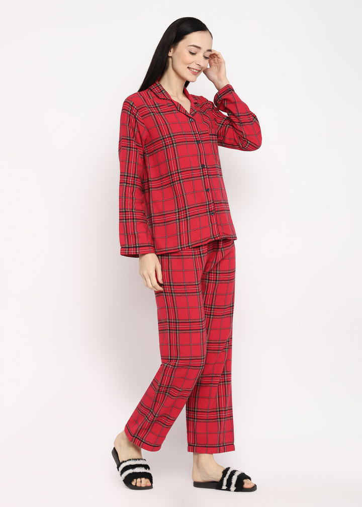 Red & Black Checked Print  Cotton Flannel Long Sleeve Women's Night Suit - Shopbloom