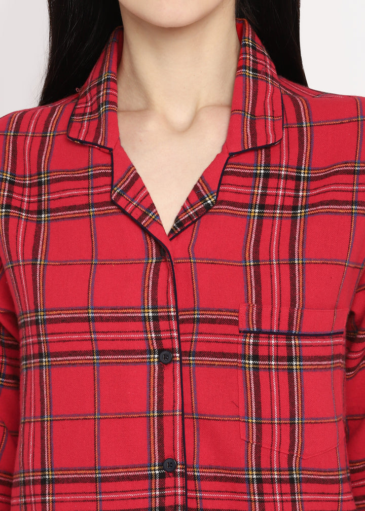 Red & Black Checked Print  Cotton Flannel Long Sleeve Women's Night Suit - Shopbloom