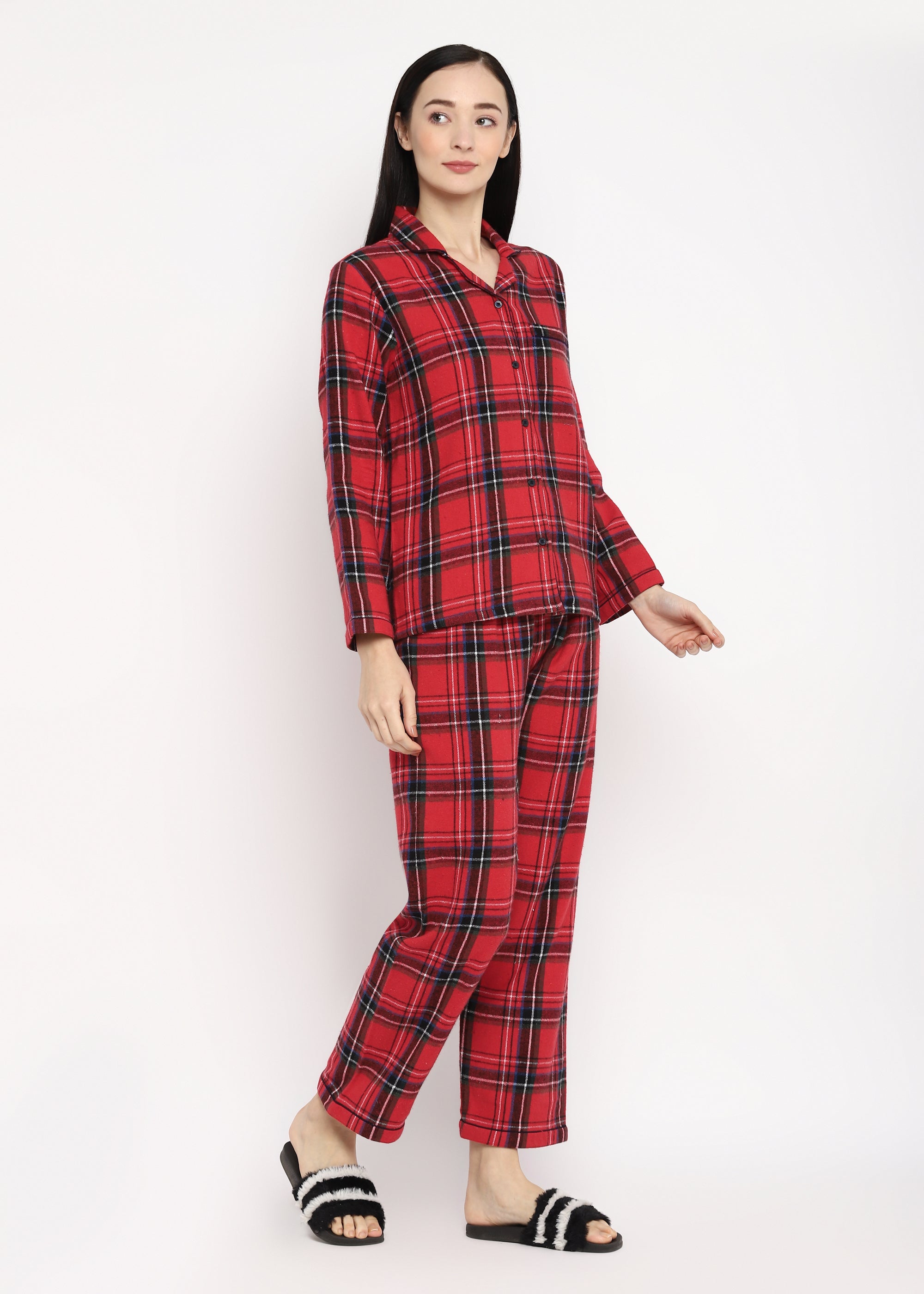 Blue & White Checked Print Cotton Flannel Long Sleeve Women's Night Suit - Shopbloom