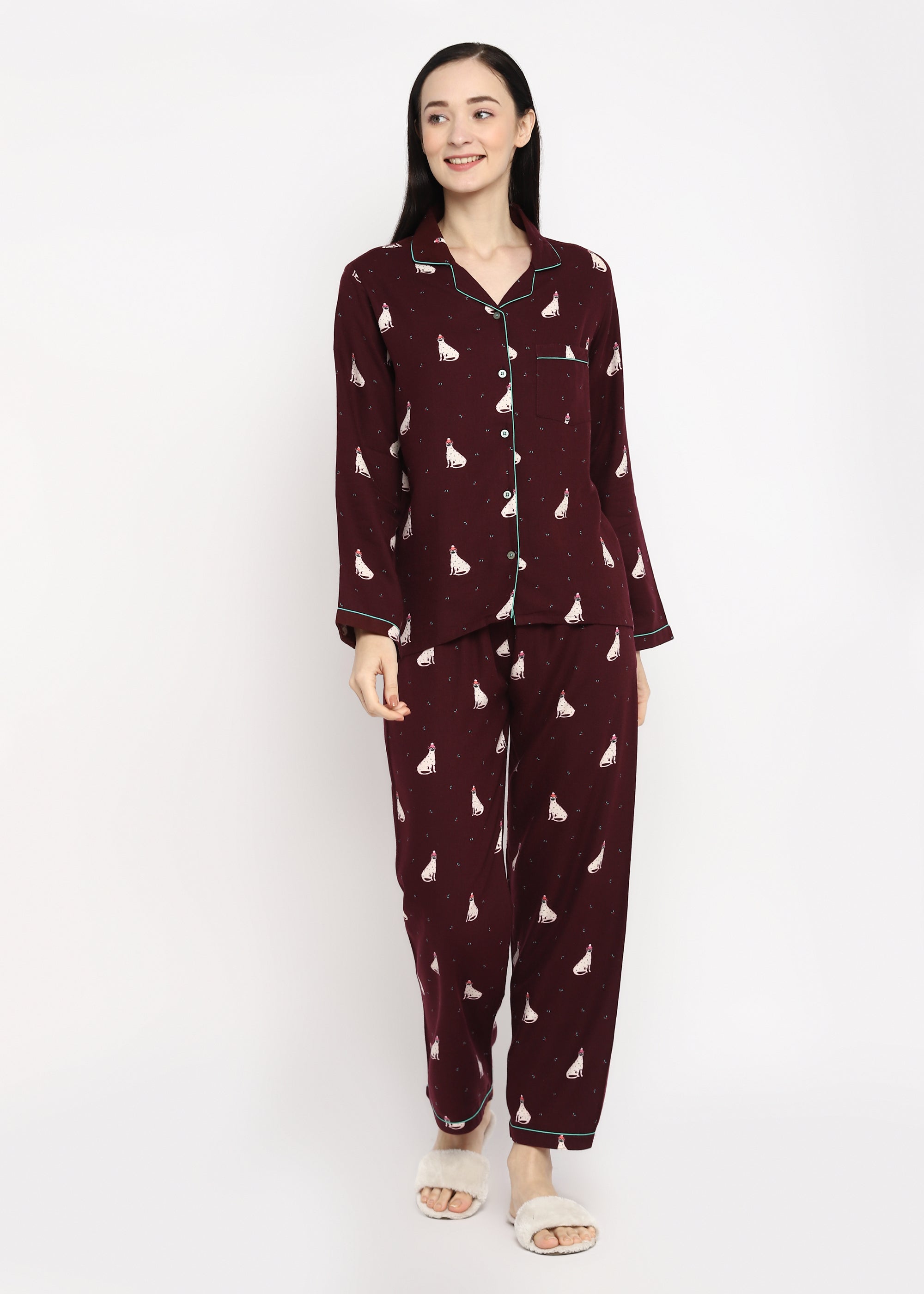 Maroon Kitty Print Cotton Flannel Long Sleeve Women's Night Suit - Shopbloom