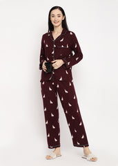 Maroon Kitty Print Cotton Flannel Long Sleeve Women's Night Suit - Shopbloom