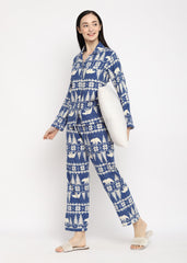 Blue Winterland Print Cotton Flannel Long Sleeve Women's Night Suit - Shopbloom