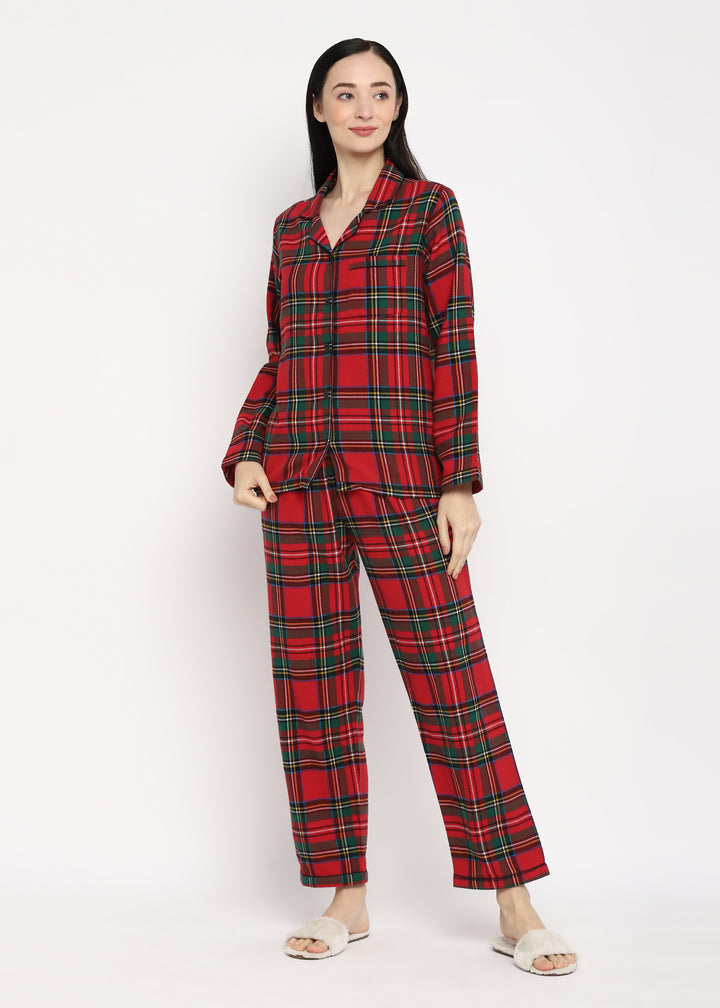 Green & White Checked Print Cotton Flannel Long Sleeve Women's Night Suit - Shopbloom