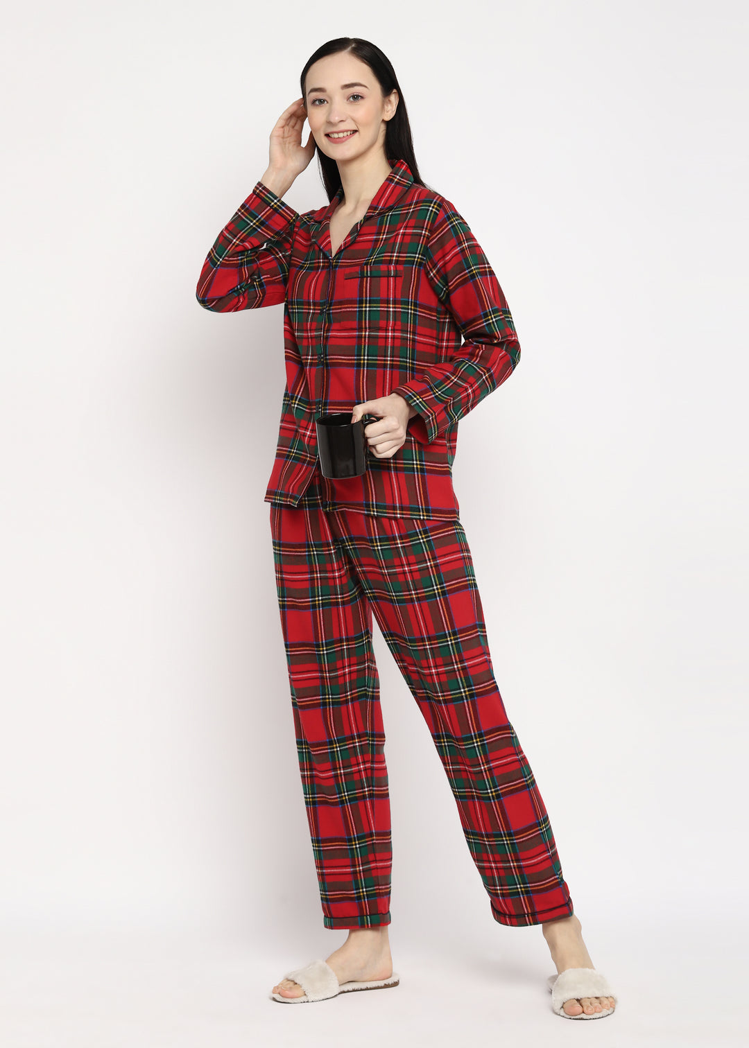 Green & White Checked Print Cotton Flannel Long Sleeve Women's Night Suit - Shopbloom
